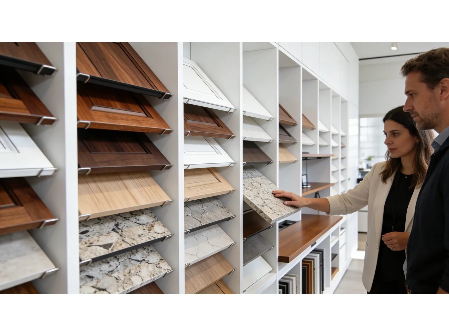 Business professionals viewing wood grain & stone pattern decorative board samples (for UV printing solution) in a showroom.