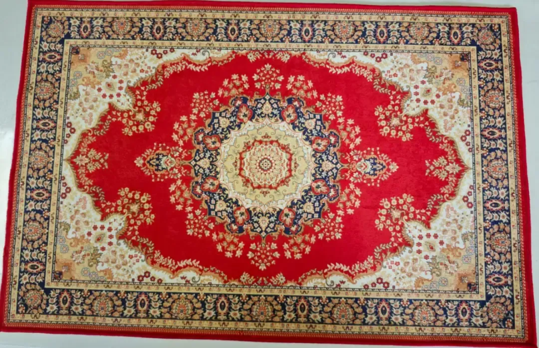 The display shows the floor mat samples printed by the Baosiwei dye sublimation printer.