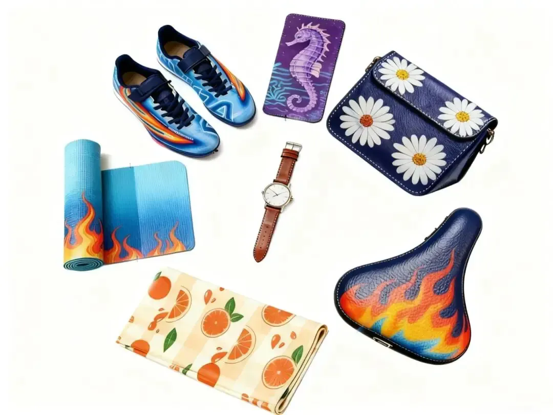 Baosiwei digital printing application samples used by customers across sports brands, leather goods manufacturing, and home products industries