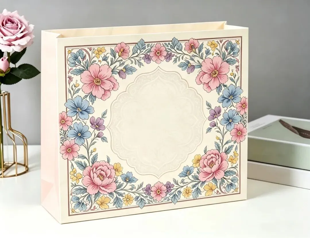 Close-up of cream white paper shopping bag with pink-blue vintage European floral border — Baosiwei digital printing for premium retail brand packaging with ICC color management