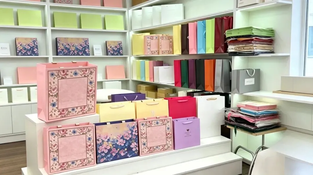 Baosiwei paper bag sample showroom — white shelves displaying assorted color printed shopping bags showcasing digital print quality for multi-SKU and customized brand packaging