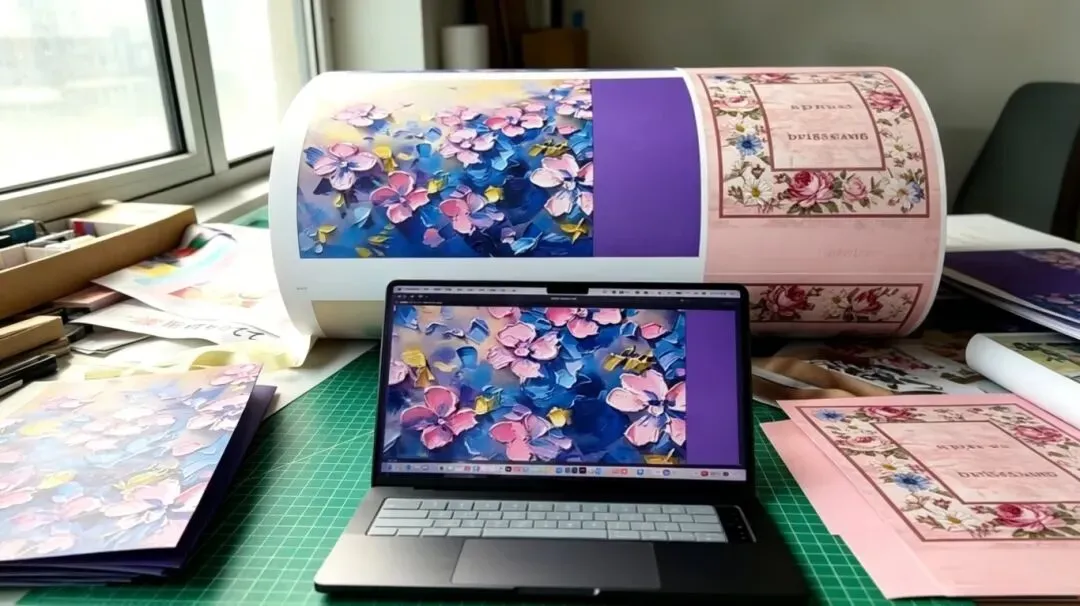 Baosiwei digital printing design workstation — laptop with floral artwork alongside wide-format white paper roll test print for paper bag sampling and color proofing