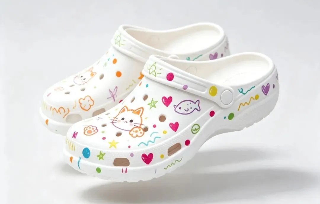 Custom white clog printed with cat and heart cartoon patterns, showcasing vivid high-definition shoe printing