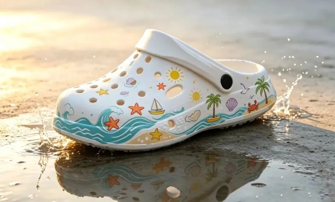 Baoswei digital printing solution for rubber and foam clogs, delivering customized pattern printing on crocs shoes