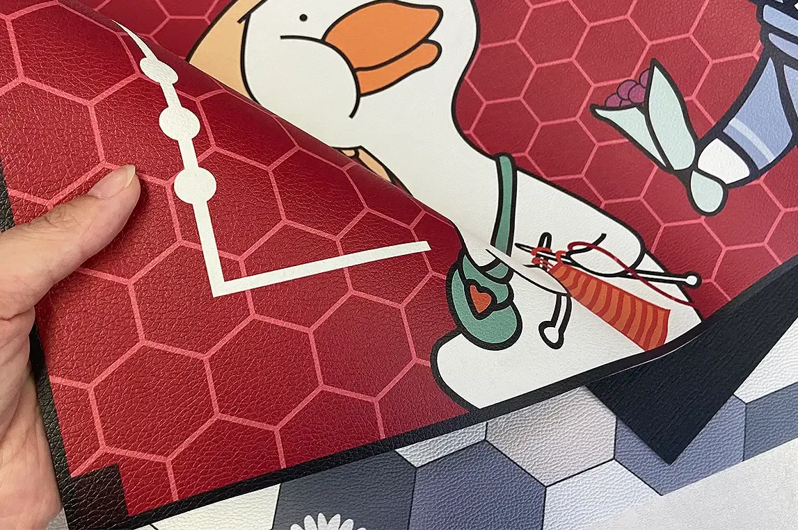 Leather mat with cartoon animal design, featuring vivid colors and sharp lines, printed using Baosiwei UV flatbed printer for long-lasting quality.