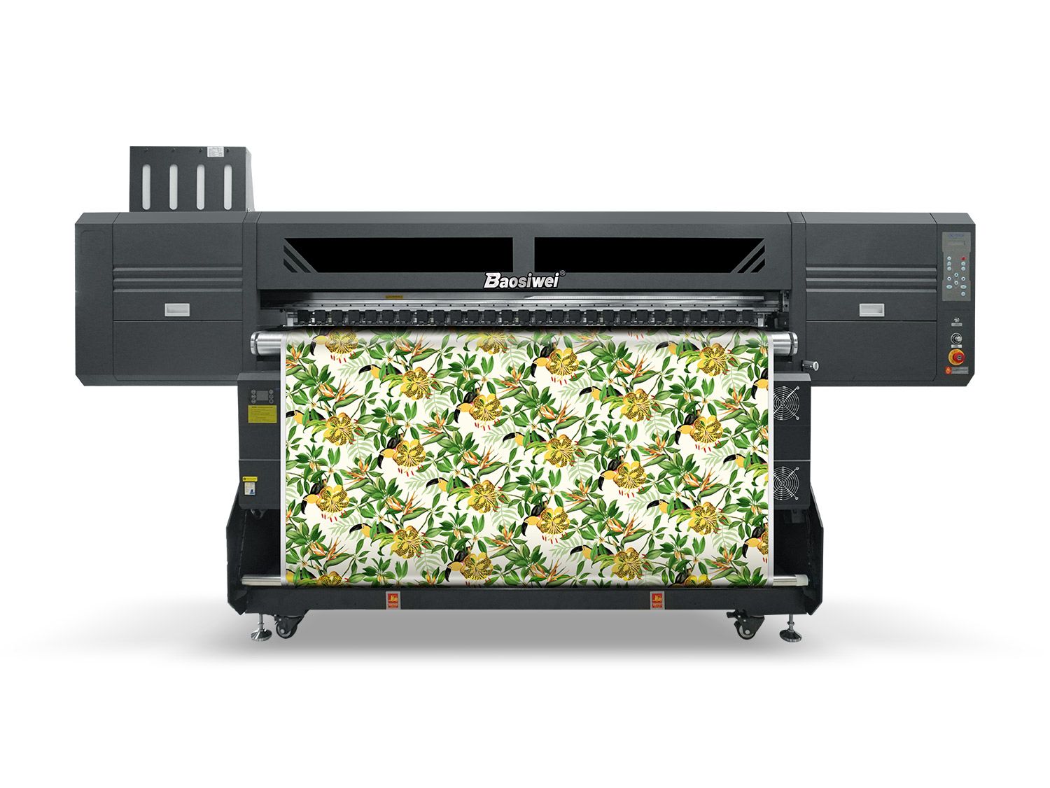 Front view of Baosiwei 8-head dye sublimation printer printing vibrant floral textile patterns for high-speed fabric production.