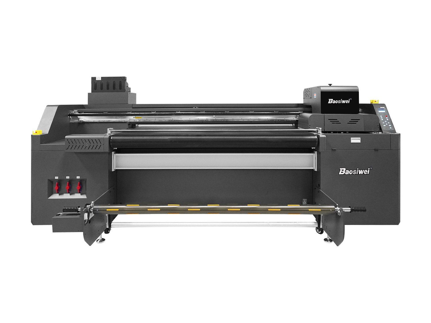 Front view of Baosiwei JW-1908UV 8-heads UV hybrid printer for embossed paintings, floor mats, and leather applications