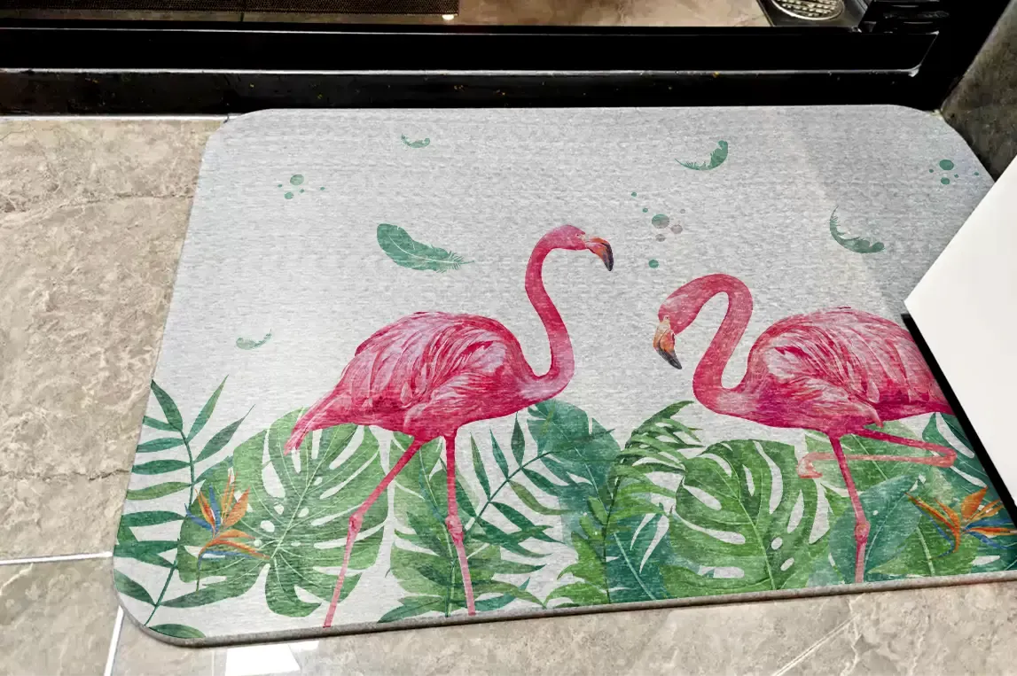 Diatom mud mat with pink flamingo and green leaf design, featuring vivid colors and clear details, printed using Baosiwei UV hybrid printer for lasting durability and fast absorption.