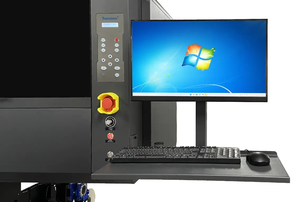 Detail of integrated PC stand, eliminating the need for an extra desk and making workshop layout more compact