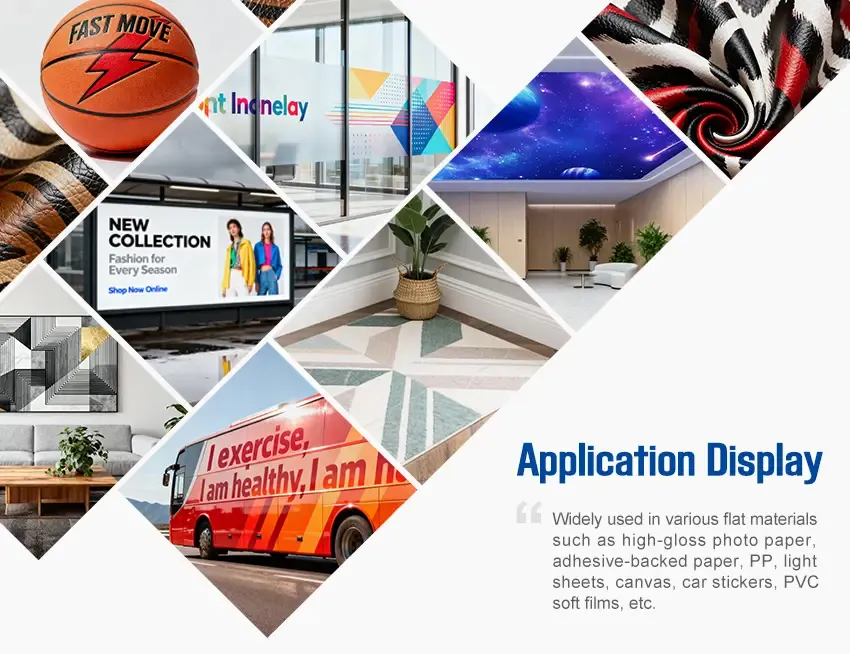 Baosiwei digital printing solution compatible with a wide range of flat materials, including high-gloss photo paper, adhesive paper, PP, light sheets, canvas, car stickers, and PVC soft films