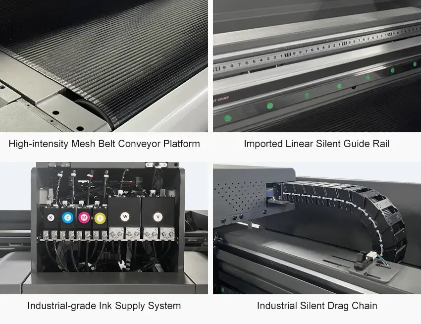 Baosiwei JW-1908UV Hybrid Printer core components close-up, highlighting key advantages for industrial production, precision printing, high efficiency, and multi-material compatibility.