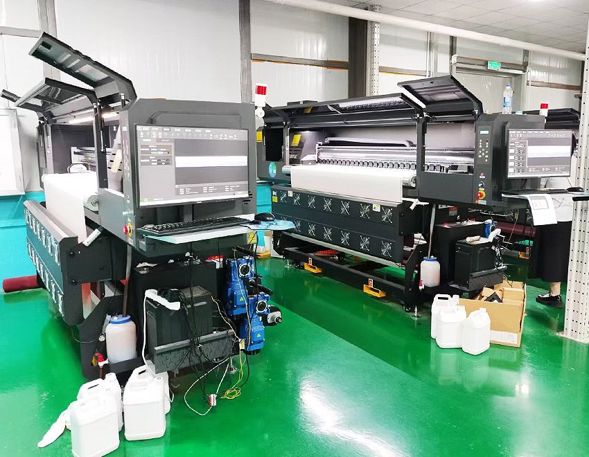 Multiple BSW-1908 digital printing machines are operating at high speed during production printing.