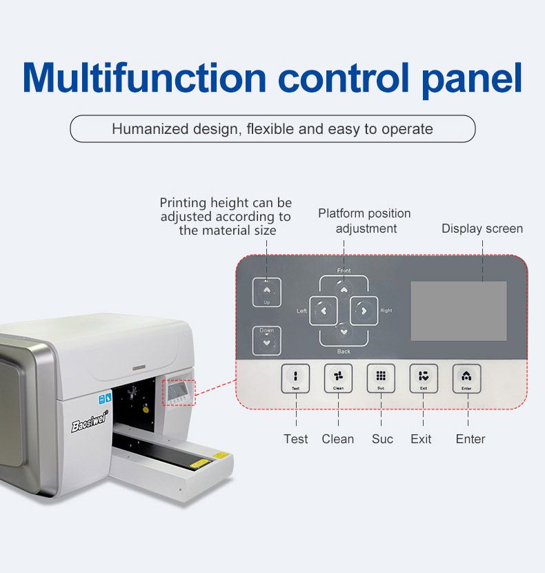 Multifunction control panel of Baosiwei A3 compact desktop UV flatbed printer—features humanized design, adjustable printing height, platform position control, and buttons (Test, Clean, Suc, Exit, Enter) with display screen.