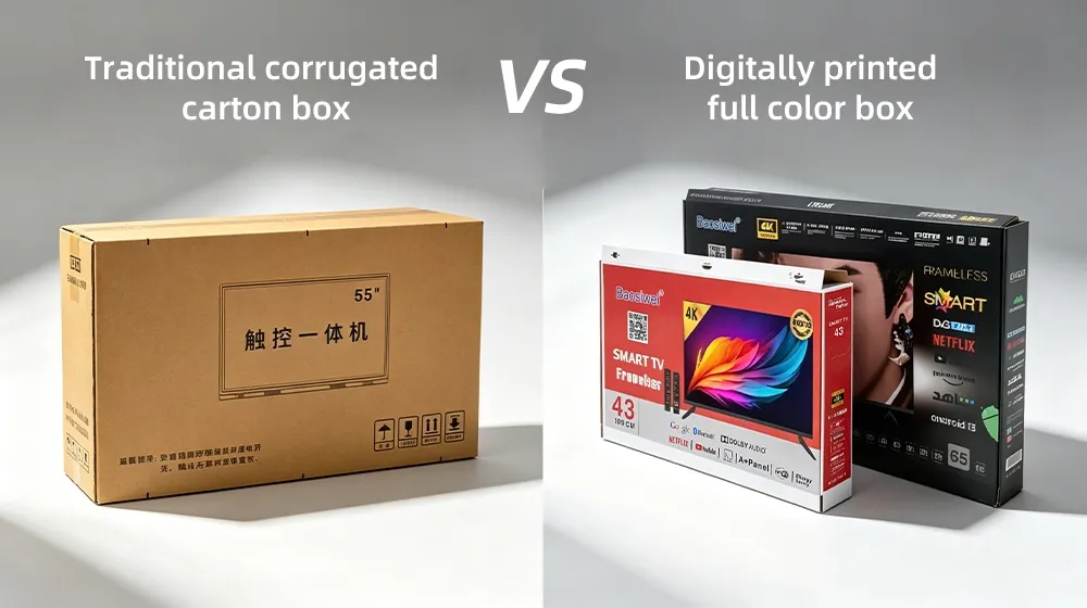 Traditional plain kraft carton vs Baosiwei digital printed full-color TV packaging box — visual comparison of print quality brand presentation and packaging upgrade