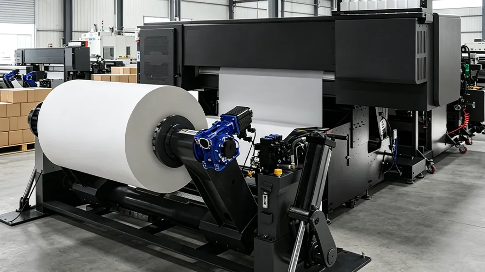 Baosiwei shaftless roll feeding system — large white paper roll entering digital printer with tension control supporting up to 2-ton capacity for TV color box production