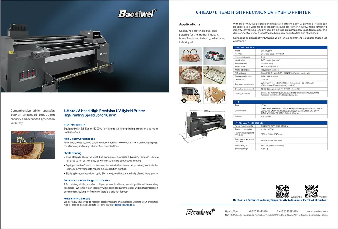 Baosiwei JW-1908UV hybrid printer brochure showing specifications, features, and configuration details