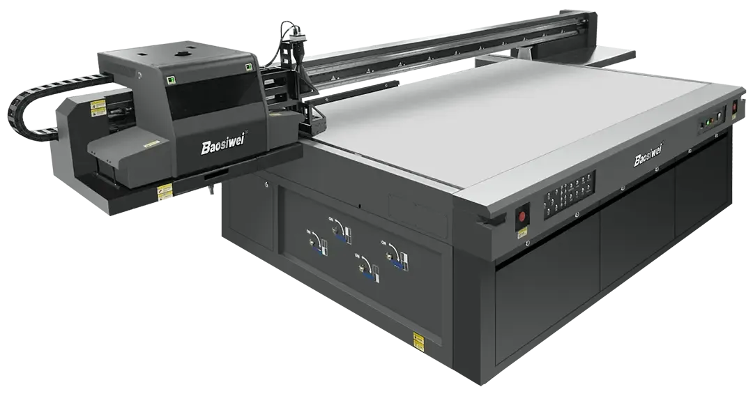 Baosiwei High-Drop UV Flatbed Printer in the production workshop, ideal for uneven and curved surfaces printing