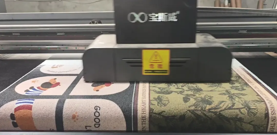 Baosiwei printer operating with eco-solvent solution, printing a coil mat (featuring cartoon patterns and