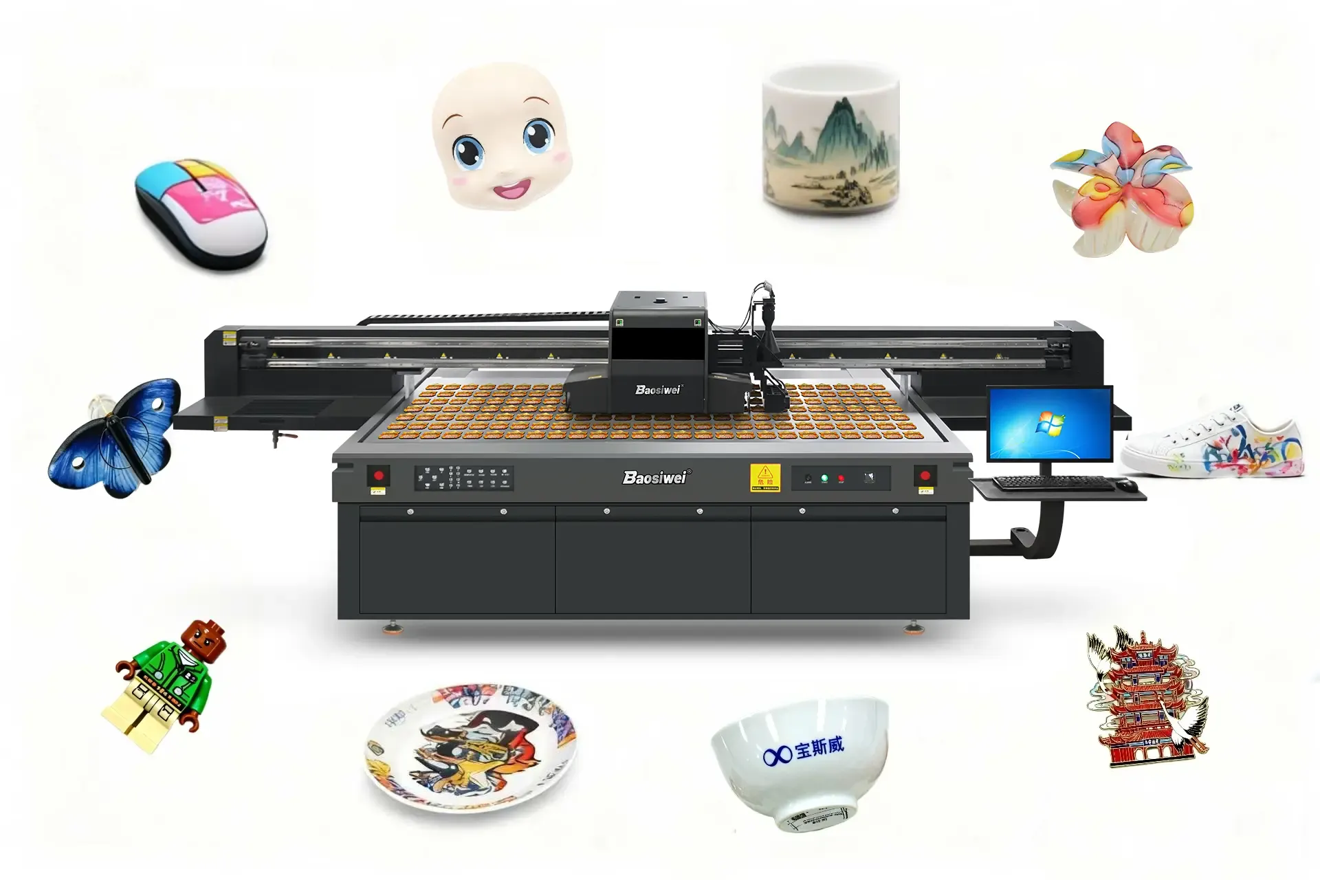 High-drop UV printing on multiple substrates including plastic, metal, acrylic, and wood, showing consistent color and embossed detail