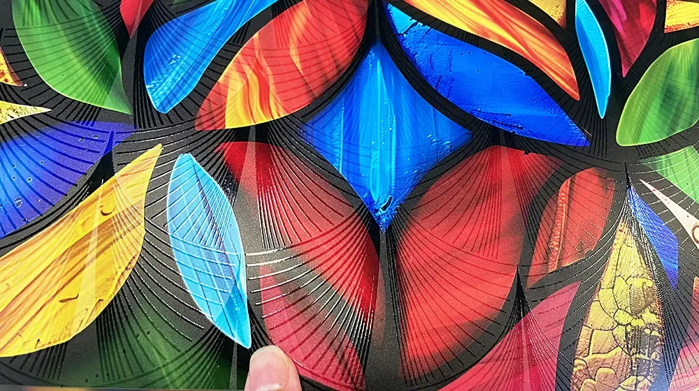 Glass sticker samples printed by Baosiwei using color + white + color + partial varnish process