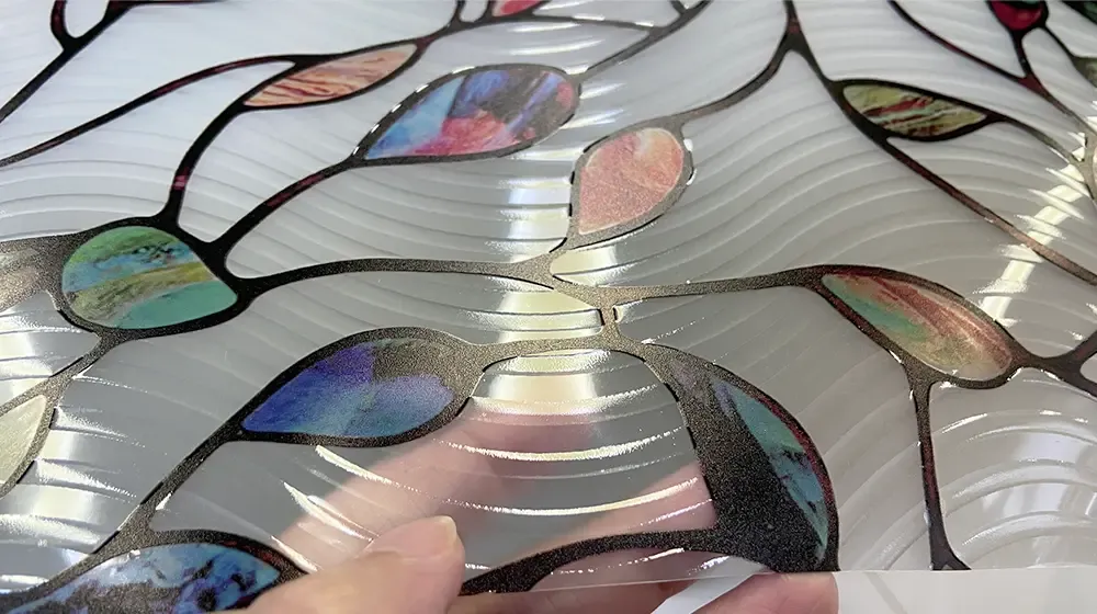 Glass sticker decal samples printed by Baosiwei using color + white + color + varnish process