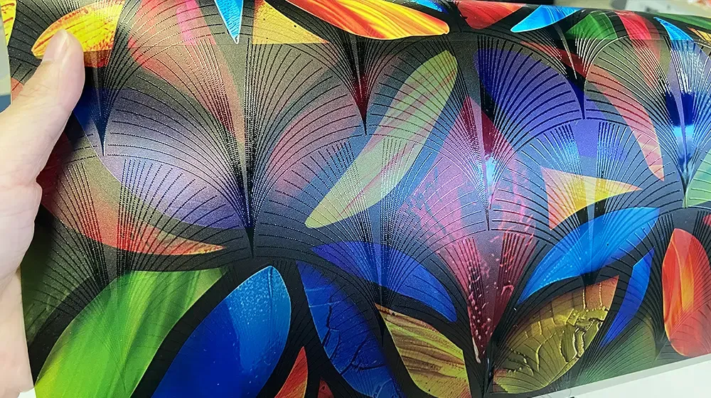 Glass sticker samples printed by Baosiwei using color + white + color + frosted varnish process